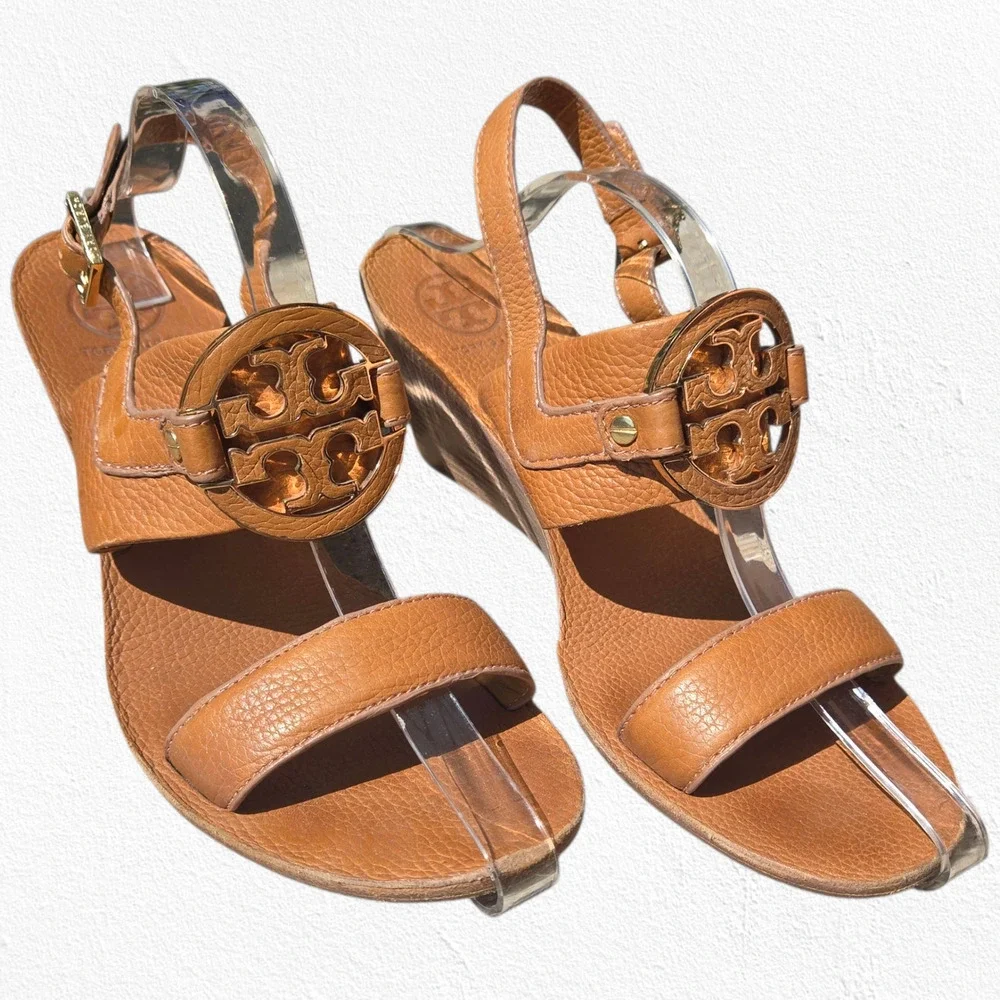 Tory Burch Tan Leather Miller Wedge Sandals Logo Slingback Heels Size 10.5M